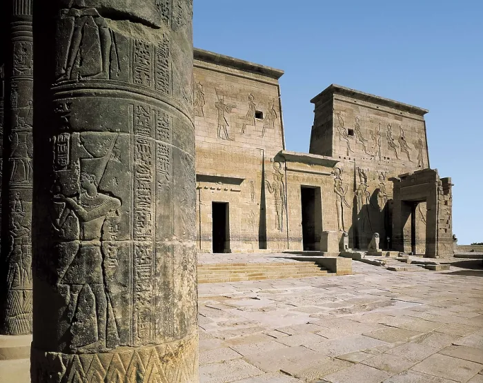 Framed Print : Temple of Isis. EGYPT. ASWAN. Philae. Temple of Isis. The first pylon of the temple from the columns of the western portico of the yard. Egyptian art. Ptolemaic period Framed Print : Temple of Isis. EGYPT. ASWAN. Philae. Temple of Isis. The first pylon of the temple from the columns of the western portico of the yard. Egyptian art. Ptolemaic period