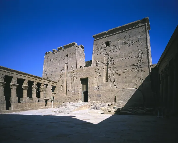 Framed Print : Temple of Isis. EGYPT. ASWAN. Philae. Second pylon of the temple. Representation of pharaoh Ptolomy XII making offerings to Hathor and Horus. Egyptian art. Ptolemaic period