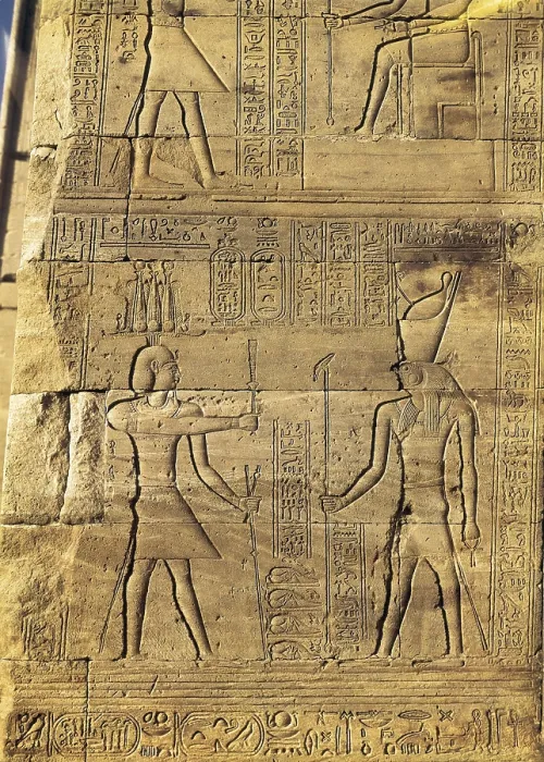 Framed Print : Temple of Isis. EGYPT. Philae. Temple of Isis. Tiberius offers four rams to the god Horus. Decoration of the external oriental wall. Egyptian art. Roman and Byzantine period Framed Print : Temple of Isis. EGYPT. Philae. Temple of Isis. Tiberius offers four rams to the god Horus. Decoration of the external oriental wall. Egyptian art. Roman and Byzantine period
