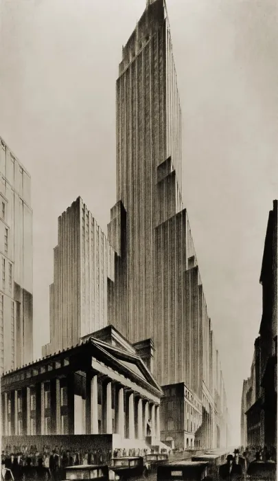 Framed Print : TEMPLES OF COMMERCE, an illustration of Federal Hall, a landmark historical building in Manhattan's Financial District, juxtaposed with imaginary futuristic skyscrapers