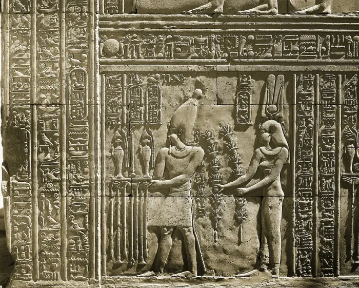 Framed Print : Temples of Sobek and Haroeris. 2nd-1st c. BC. EGYPT. Kawm Umbu. Temple of Kom Ombo (dedicated to Haroeris and Sobek). Offerings of Ptolemy VIII and Cleopatra II to the gods