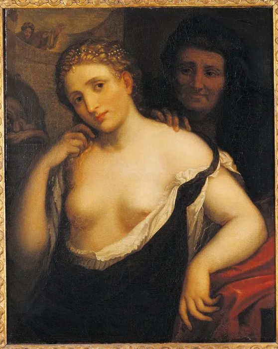 Framed Print : Temptation, by Paris Bordon, 1571 ante, 16th Century, oil on canvas, cm 75 x 61 - Italy, Lazio, Rome, National Academy of San Luca. All