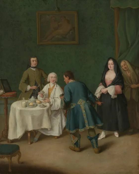 Framed Print : THE TEMPTATION, by Pietro Longhi, 1746, Italian painting, oil on canvas. The manservant of a young gentleman announces the arrival of a pretty prostitute and her procuress Framed Print : THE TEMPTATION, by Pietro Longhi, 1746, Italian painting, oil on canvas. The manservant of a young gentleman announces the arrival of a pretty prostitute and her procuress