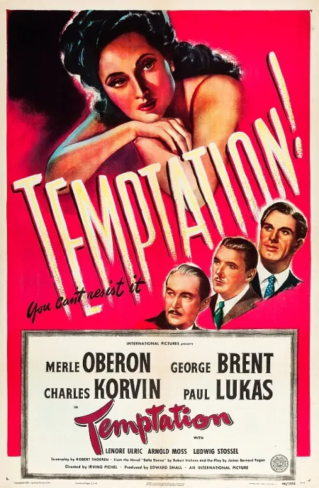 Framed Print : TEMPTATION, US poster, Merle Oberon, Paul Lukas, George Brent, Charles Korvin, 1946 Framed Print : TEMPTATION, US poster, Merle Oberon, Paul Lukas, George Brent, Charles Korvin, 1946
