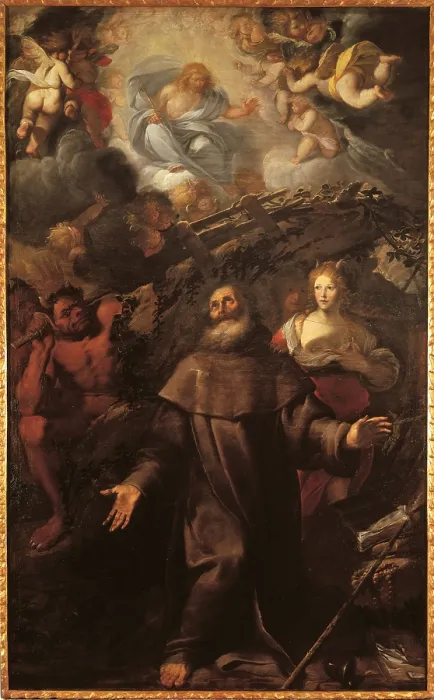 Framed Print : Temptations of Saint Antony the Abbot, by unknown artist related to Giovan Battista also known as Zoppo da Lugano, 17th century, oil on canvas - Italy, Lombardy, Milan
