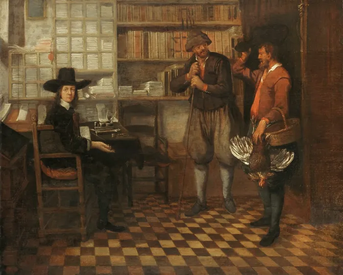 Framed Print : Tenant Farmer's Rent, attrib. to Quiringh van Brekelenkam, 1660-68, Dutch painting, oil on panel. Two farmers in an office to pay taxes or rent in kind Framed Print : Tenant Farmer's Rent, attrib. to Quiringh van Brekelenkam, 1660-68, Dutch painting, oil on panel. Two farmers in an office to pay taxes or rent in kind