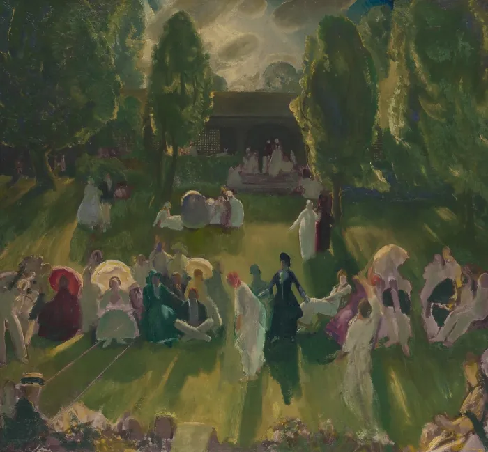 Framed Print : TENNIS AT NEWPORT, by George Bellows, 1919, American painting, oil on canvas. Satirical scene of the elite tennis matches at Newport, emphasizes the setting rather than the match Framed Print : TENNIS AT NEWPORT, by George Bellows, 1919, American painting, oil on canvas. Satirical scene of the elite tennis matches at Newport, emphasizes the setting rather than the match
