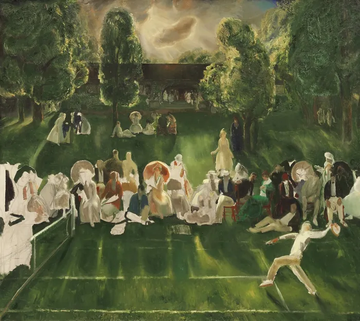 Framed Print : Tennis Tournament, by George Bellows, 1920, American painting, oil on canvas. The matches at the Newport Casino was both a sporting event and social occasion
