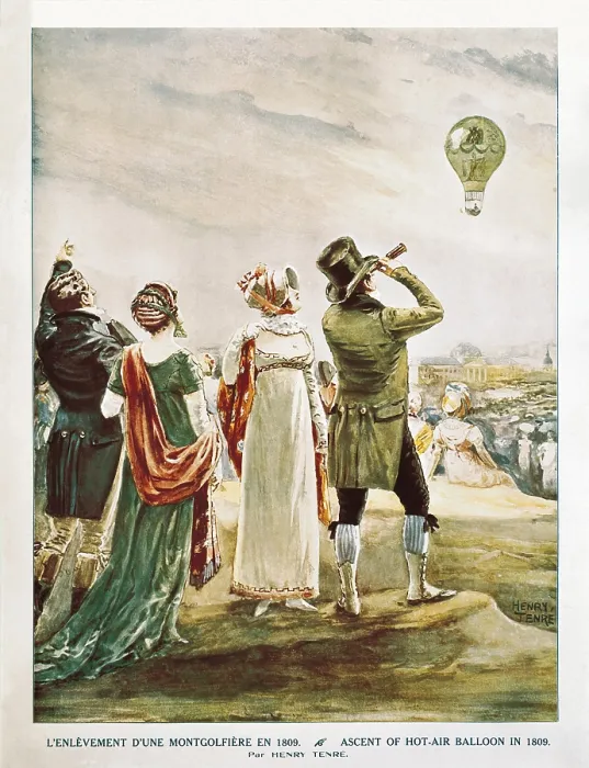 Framed Print : TENRE, Henry Charles (1864-1926). Launching of a Montgolfier in 1809. Illustration from a 19th century manifesto. Engraving