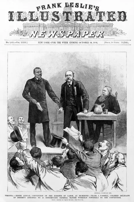 Framed Print : Tenth annual convention of the Knights of Labor. Frank J. Farrell, colored delegate of District Assembly No. 49, introducing General Master Workman Powderly to the convention
