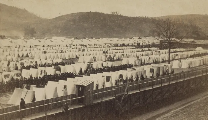 Framed Print : Tents and barracks within a stockade at Elmira Prison, Camp Rathburn, in southern New York State. The Union POW camp was built to hold 12, 000 Confederate inmates