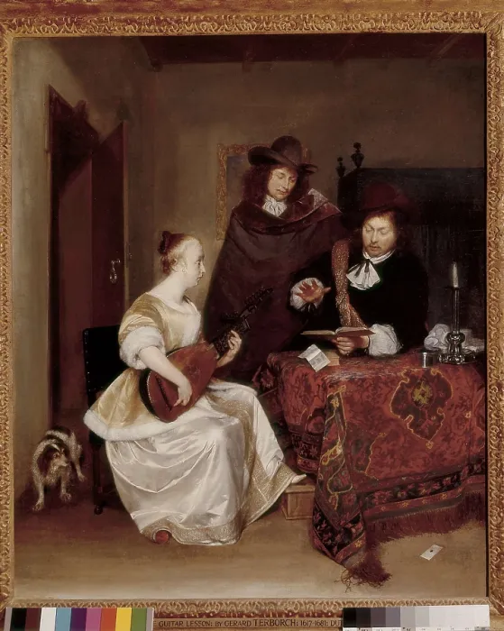 Framed Print : TERBORCH, Gerard (1617-1681). Woman Playing a Theorbo to Two Men. 1667 - 1668. Baroque art. Oil on canvas. UNITED KINGDOM. London. National Gallery Framed Print : TERBORCH, Gerard (1617-1681). Woman Playing a Theorbo to Two Men. 1667 - 1668. Baroque art. Oil on canvas. UNITED KINGDOM. London. National Gallery