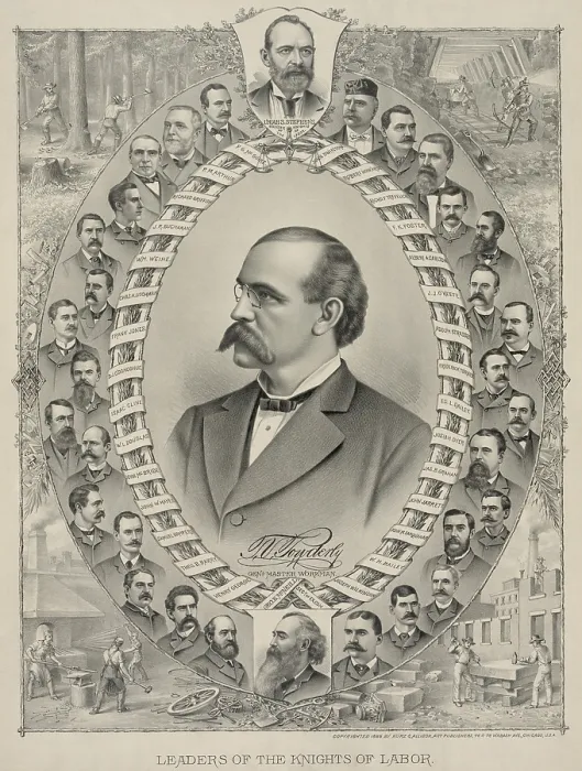 Framed Print : Terence Vincent Powderly (1849-1924) portrait is surrounded by 32 smaller portraits of the Leaders of the Knights of Labor and scenes of labor