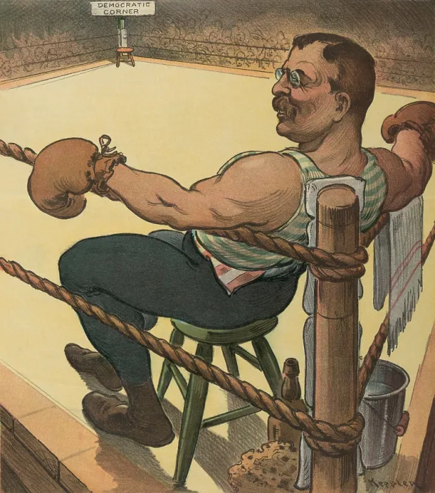 Framed Print : TERRIBLE TEDDY WAITS FOR THE UNKNOWN, cartoon in PUCK Magazine, June 1, 1904 Framed Print : TERRIBLE TEDDY WAITS FOR THE UNKNOWN, cartoon in PUCK Magazine, June 1, 1904