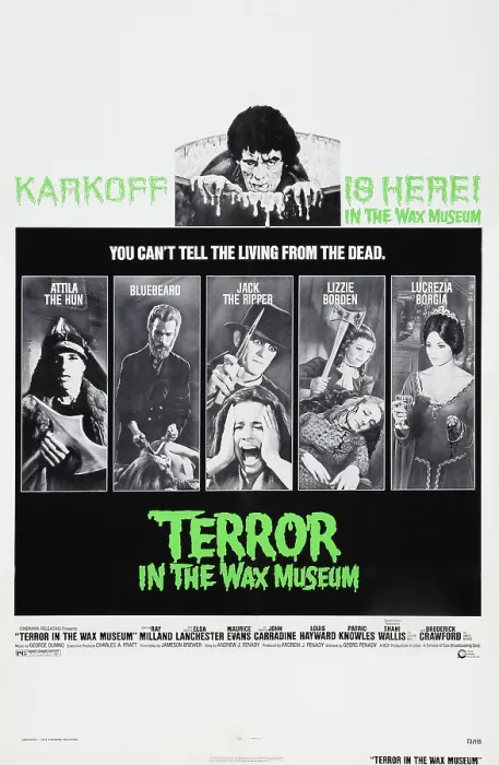 Framed Print : TERROR IN THE WAX MUSEUM, top: Boris Karloff, bottom l-r: Ben Brown, George Farina, Don Herbert, Judy Wetmore, Rosa Huerta on poster art, 1973