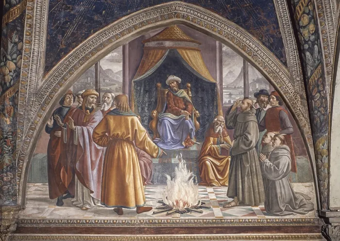 Framed Print : The Test of Fire (Prova del fuoco davanti al sultano), by Domenico Ghirlandaio, 1482-1486, 15th Century, fresco - Italy, Tuscany, Florence, Church of Santa Trinita Framed Print : The Test of Fire (Prova del fuoco davanti al sultano), by Domenico Ghirlandaio, 1482-1486, 15th Century, fresco - Italy, Tuscany, Florence, Church of Santa Trinita