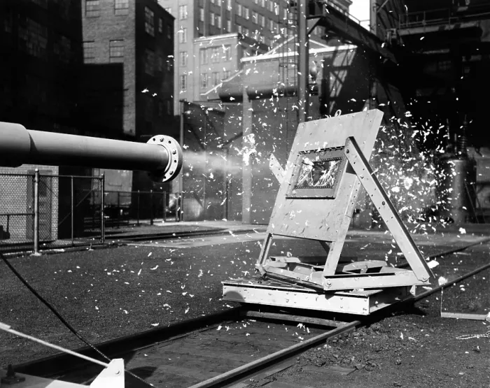 Framed Print : A test simulates the impact of a bird smashing into a standard airplane window at 110 mph