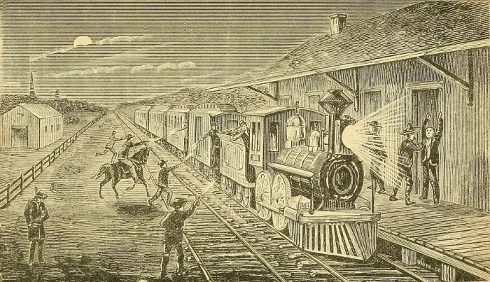 Framed Print : The Texas Express train being robbed by seven mounted robbers at Gadhill signal Station in January 1874
