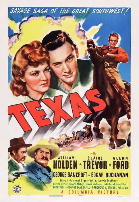 Framed Print : TEXAS, US poster art, top from left: Claire Trevor, William Holden, Glenn Ford; bottom from left: Edgar Buchanan, George Bancroft, 1941