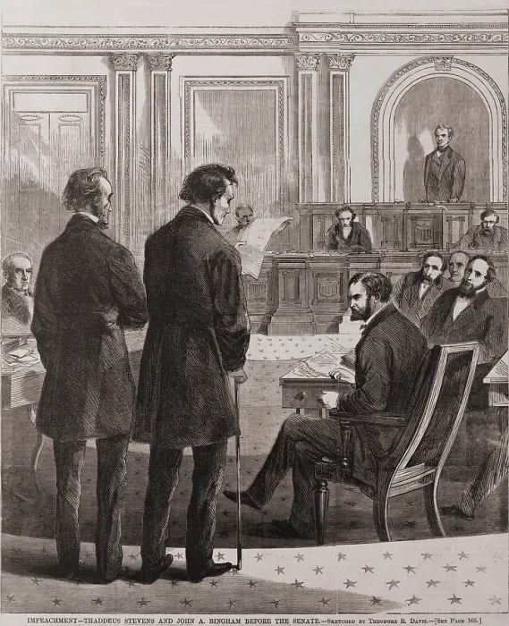 Framed Print : Thaddeus Stevens and John A. Bingham present the Articles of Impeachment of President Andrew Johnson to the Senate, March 4, 1868