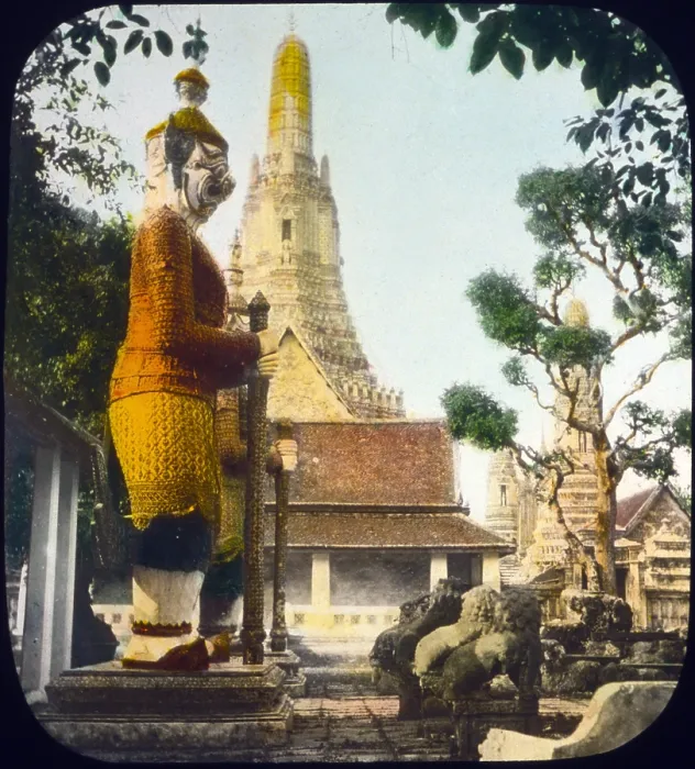 Framed Print : Thailand, palace court interior, Bangkok, hand colored lantern slide, photograph by William Henry Jackson, 1895 Framed Print : Thailand, palace court interior, Bangkok, hand colored lantern slide, photograph by William Henry Jackson, 1895