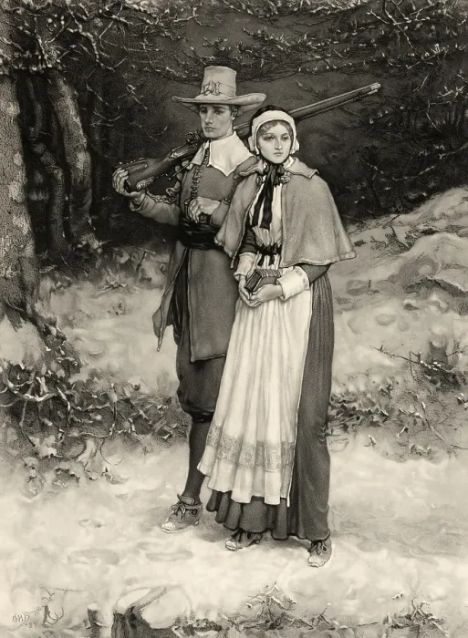 Framed Print : Thanksgiving, print showing a Puritan husband and wife walking through snow on their way to church, he carrying a gun, she a bible or prayer book, by George Henry Boughton, 1885