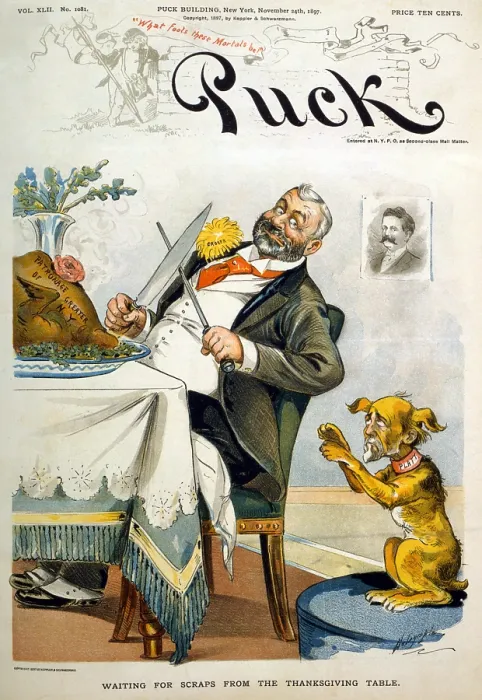 Framed Print : Thanksgiving, Puck Magazine cover entitled Waiting for scraps from the Thanksgiving table Framed Print : Thanksgiving, Puck Magazine cover entitled Waiting for scraps from the Thanksgiving table