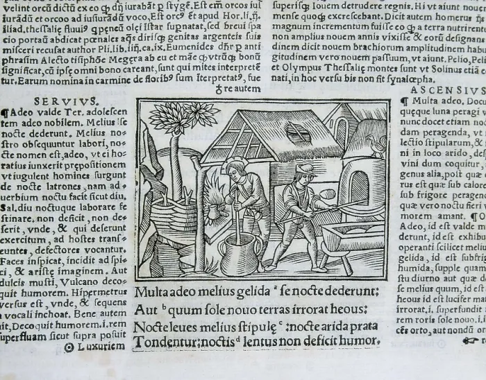 Framed Print : 'The Bucolics' by Virgil. Page with an illustration on the craftwork. Latin edition of 1529. Engraving. SPAIN. Madrid. National Library