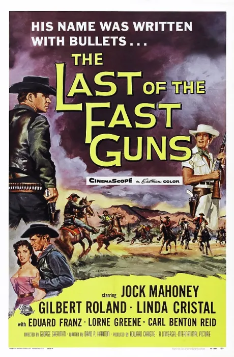 Framed Print : THE LAST OF THE FAST GUNS, US poster, top from left: Jock Mahoney, Gilbert Roland, bottom from left: Linda Cristal, Jock Mahoney, 1958 Framed Print : THE LAST OF THE FAST GUNS, US poster, top from left: Jock Mahoney, Gilbert Roland, bottom from left: Linda Cristal, Jock Mahoney, 1958
