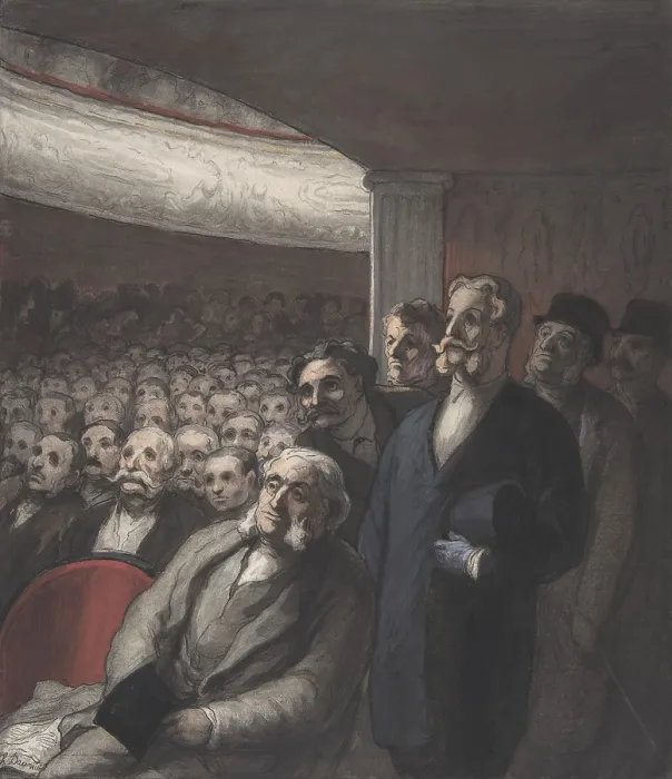 Framed Print : A THEATER AUDIENCE, by Honore Daumier, 1830-1860, American watercolor painting. An all male theater audience, sitting and standing as they gaze toward the stage