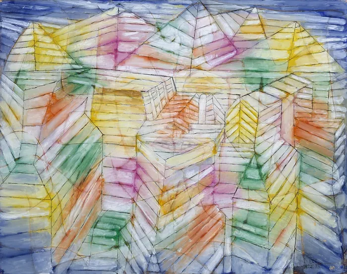 Framed Print : THEATER-MOUNTAIN-CONSTRUCTION, by Paul Klee, 1920, Swiss drawing, oil, gouache, and ink on paper