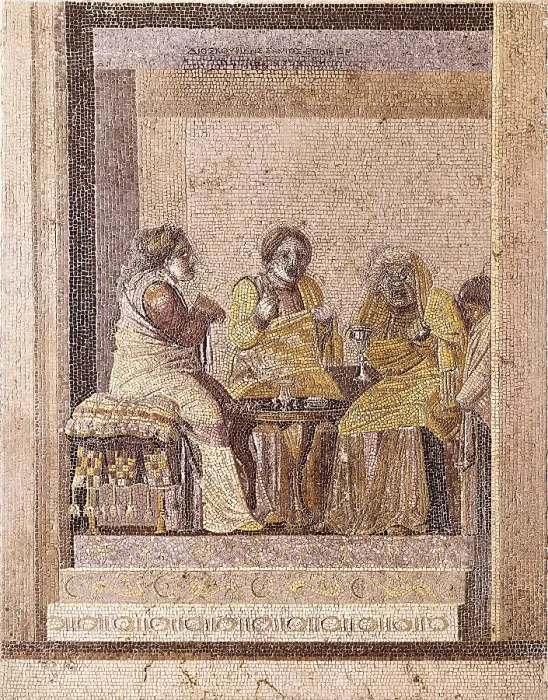 Framed Print : Theater scene with two women consult a witch. The three characters wear masks. Mosaic of Dioscorides of Samos, 1st B.C. Proceeds from Villa del Cicerone. Roman art. Mosaic. ITALY