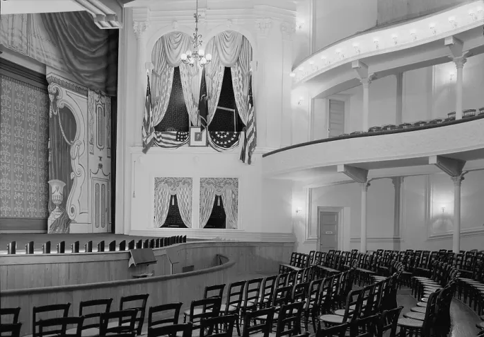 Framed Print : Theaters, Ford's Theater, site of the Assassination of President Abraham Lincoln, interior, Presidential box from orchestra, 511 Tenth Street Northwest, Washington DC