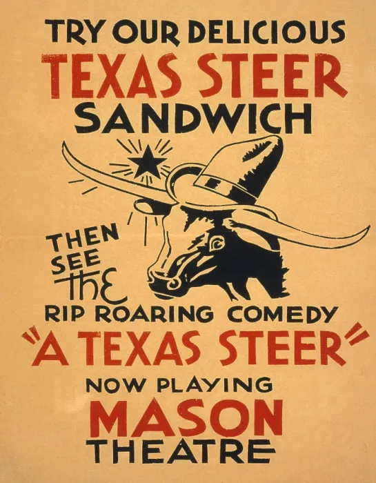 Framed Print : Theatre. Try our delicious Texas steer sandwich, then see the rip roaring comedy 'A Texas steer'