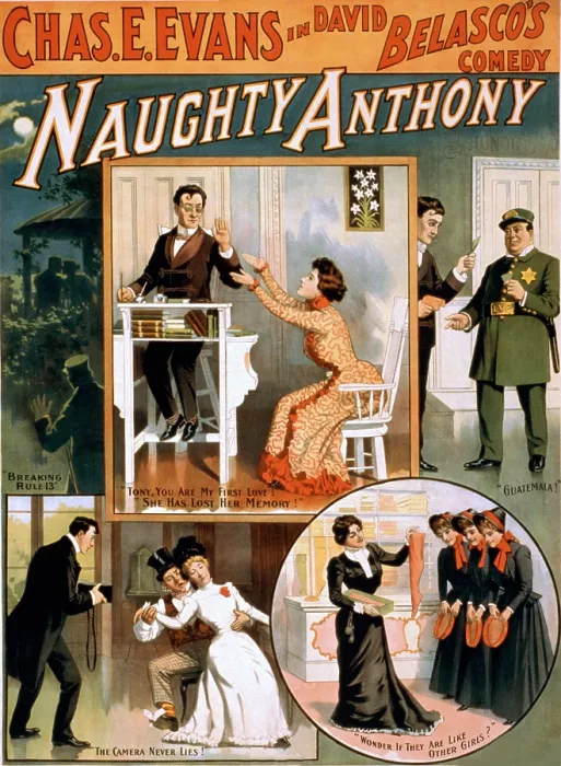 Framed Print : Theatrical poster advertising a David Belasco, (1853-1931) production, 'Naughty Anthony.'