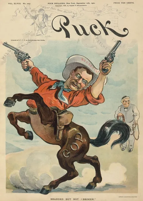 Framed Print : Theodore Roosevelt as a bucking bronco firing two revolvers. PUCK Magazine cartoon of Sept. 12, 1900 when Roosevelt was running for Vice President Framed Print : Theodore Roosevelt as a bucking bronco firing two revolvers. PUCK Magazine cartoon of Sept. 12, 1900 when Roosevelt was running for Vice President