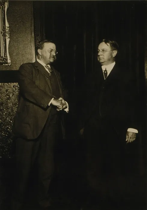 Framed Print : Theodore Roosevelt and Hiram Johnson, shaking hands after being nominated as presidential candidates for the Progressive or Bull Moose party Framed Print : Theodore Roosevelt and Hiram Johnson, shaking hands after being nominated as presidential candidates for the Progressive or Bull Moose party