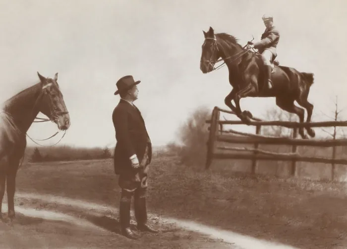 Framed Print : Theodore Roosevelt Jr. the Presidents oldest son, on horseback jumping a fence as his father watches. May 1907, at the Chevy Chase Club, Maryland (BSLOC_2017_6_85)
