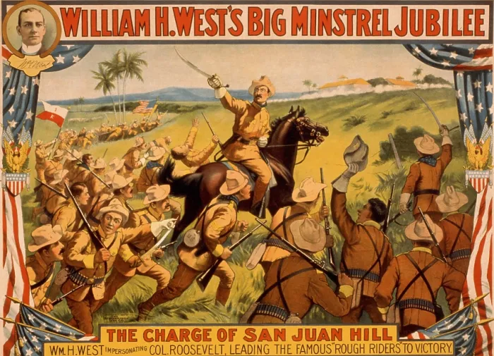 Framed Print : Theodore Roosevelt became a national hero after the Spanish American War. This 1899 poster advertises a theatrical impersonation by William H Framed Print : Theodore Roosevelt became a national hero after the Spanish American War. This 1899 poster advertises a theatrical impersonation by William H