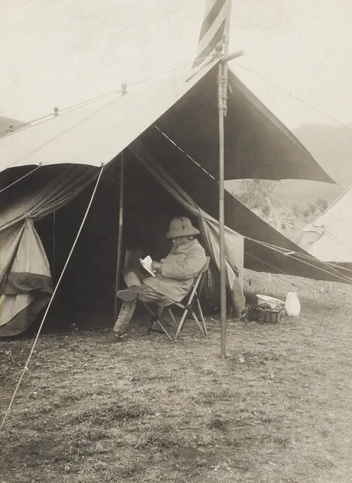 Framed Print : Theodore Roosevelt reading in front of his tent in hunting camp, June 3-4, 1909 Framed Print : Theodore Roosevelt reading in front of his tent in hunting camp, June 3-4, 1909