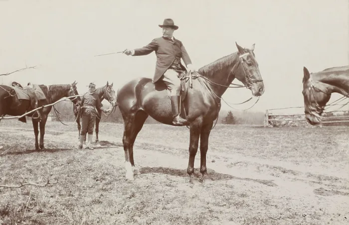 Framed Print : Theodore Roosevelt selecting a member of the outing party for the next jump over the hurdles. Chevy Chase Club, 1907. Photo by B.F. Clinedinst (BSLOC_2017_4_96)