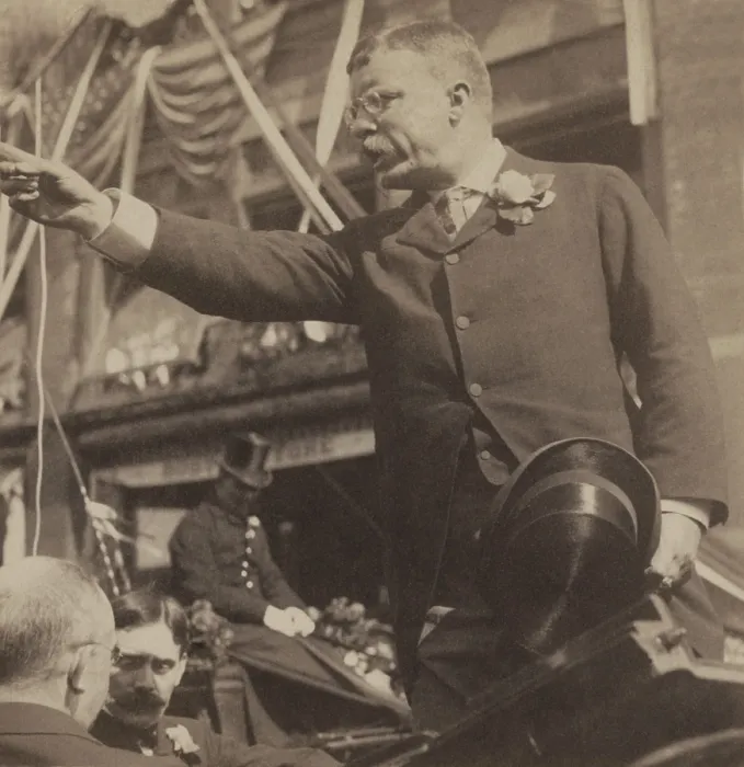 Framed Print : Theodore Roosevelt speaking with his arm extended and finger pointed. Willimantic, Conn. August 23, 1902, during his New England speaking tour (BSLOC_2017_4_52)