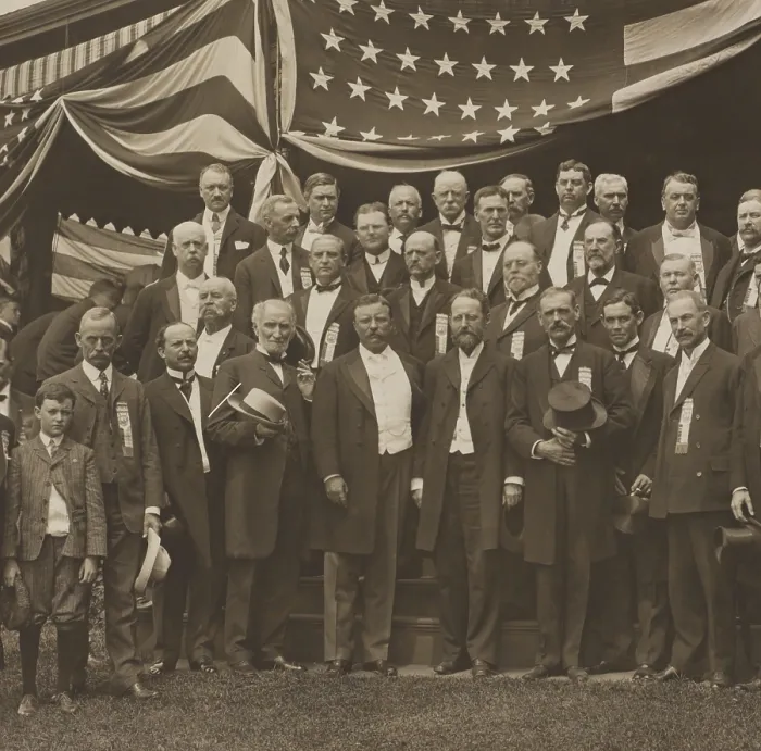 Framed Print : Theodore Roosevelt stands next to Joseph Cannon (white beard, holding hat), Aug. 1904