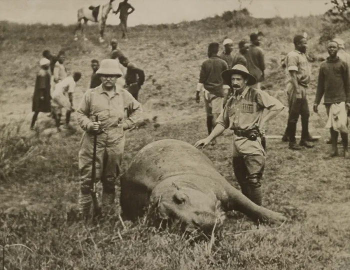 Framed Print : Theodore Roosevelt and unidentified man standing over a killed hippopotamus. In the background are African workers who will skin the animal. July-Dec