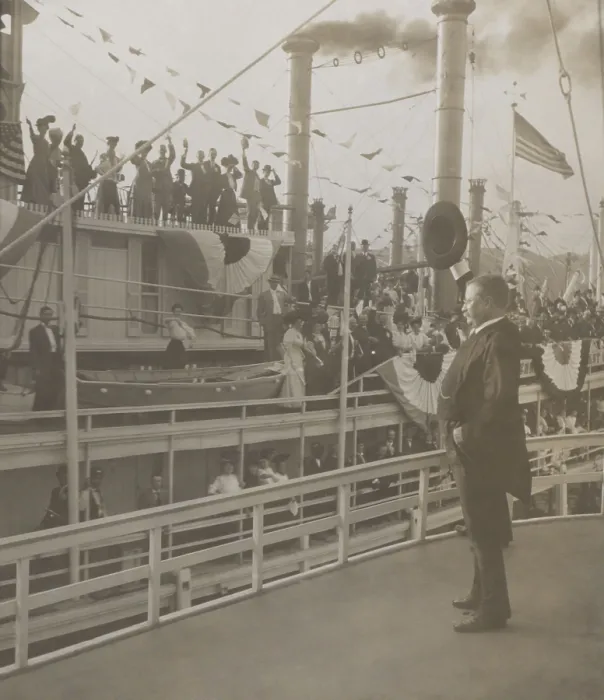 Framed Print : Theodore Roosevelt waving to passengers on another ship, from the deck of the SS Mississippi. Saint Louis, Missouri, Oct. 2, 1907