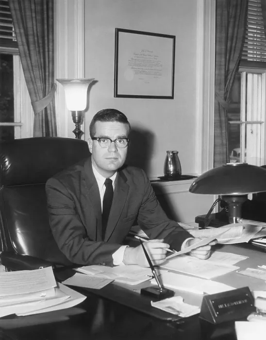 Framed Print : Theodore Sorensen, Special Counsel and speech writer to JFK in his White House office. He was one of the intellectuals in the John Kennedy Administration. Jan. 25, 1961