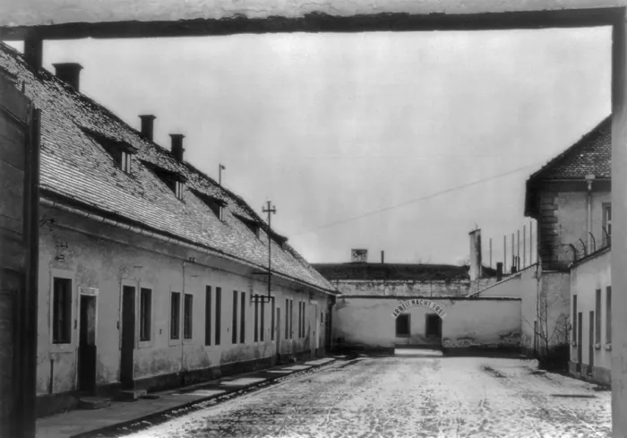 Framed Print : Theresienstadt concentration camp with sign Arbeit macht frei, (Work makes you free)