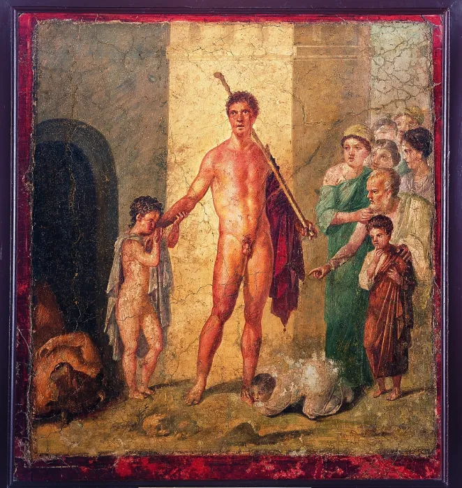 Framed Print : Theseus the Liberator, by unknown artist, 45-79, 1st Century A.D. ripped fresco, 97 x 88 cm - Italy, Campania, Naples, National Archaeological Museum, Room LXXIII, inv. 9043