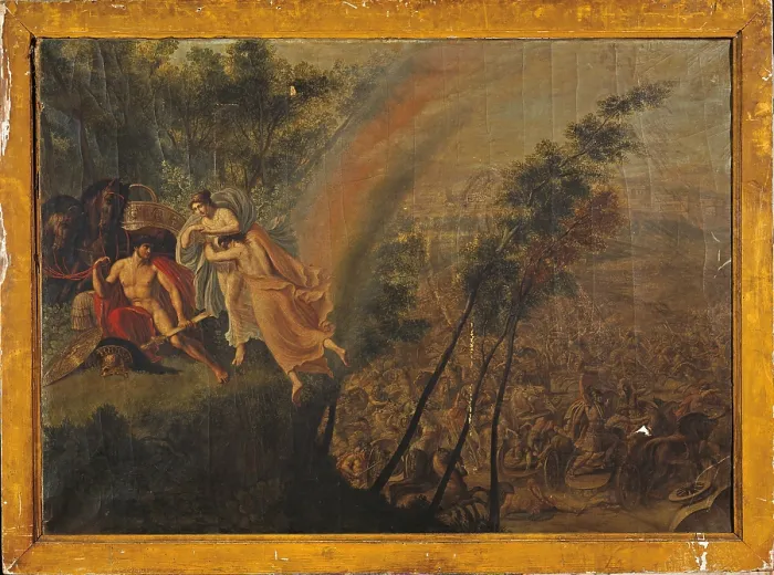 Framed Print : Thetis comforting Achilles, by Luigi Ademolli, 1750 - 1799, 18th century, oil on canvas, 97 x 135 cm - Italy, Lombardy, Milan, Brera Academy of Fine Arts. Whole artwork view