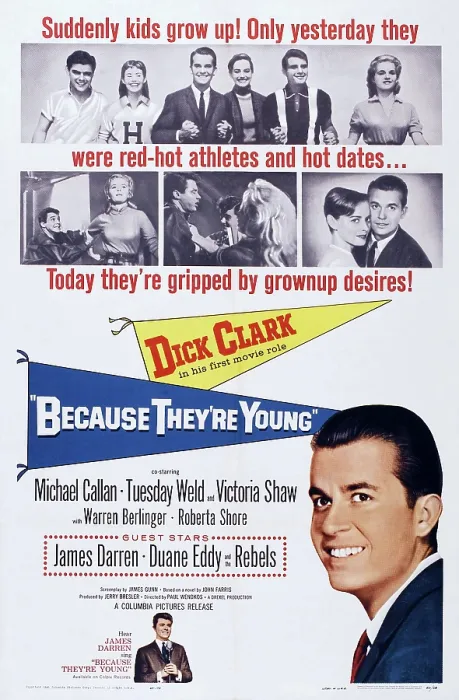 Framed Print : BECAUSE THEY'RE YOUNG, US poster, top from left: Warren Berlinger, Roberta Shore, Dick Clark, Victoria Shaw, Michael Callan, Tuesday Weld, Dick Clark (borrom), 1960 Framed Print : BECAUSE THEY'RE YOUNG, US poster, top from left: Warren Berlinger, Roberta Shore, Dick Clark, Victoria Shaw, Michael Callan, Tuesday Weld, Dick Clark (borrom), 1960